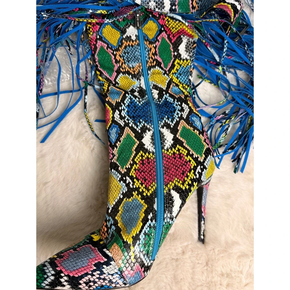 Cape Robbin Multi Color Snakeskin Fringe Chap Stiletto Thigh High Boots Size 8